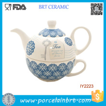 Dois em um copo azul e pote conjunto de chá de cerâmica